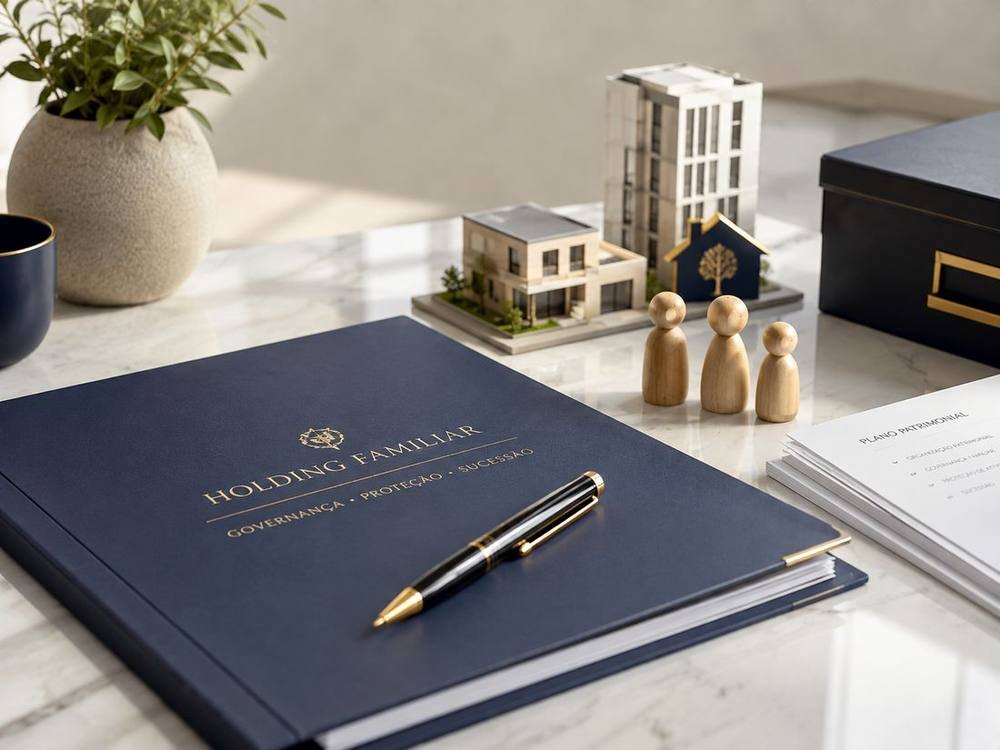Dossiê de holding familiar sobre a mesa, com maquetes de imóveis e figuras da família